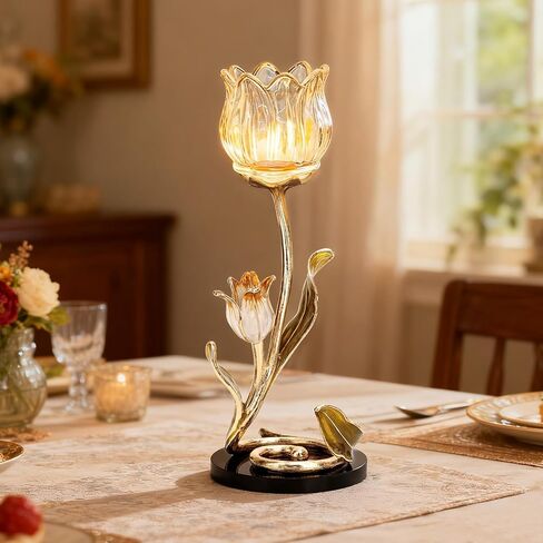 Luxury Crystal Base Glass Flower Candle Holder – Gold Plated Zinc Alloy with Enamel, Romantic Tea Light Holder, French Style Wedding Table Centerpiece, Home Decor in Saudi Arabia