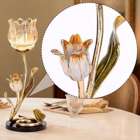 Luxury Crystal Base Glass Flower Candle Holder – Gold Plated Zinc Alloy with Enamel, Romantic Tea Light Holder, French Style Wedding Table Centerpiece, Home Decor in Saudi Arabia