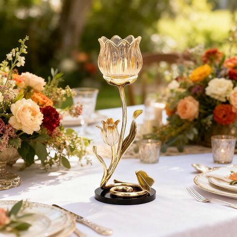 Luxury Crystal Base Glass Flower Candle Holder – Gold Plated Zinc Alloy with Enamel, Romantic Tea Light Holder, French Style Wedding Table Centerpiece, Home Decor in Saudi Arabia