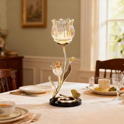 Luxury Crystal Base Glass Flower Candle Holder – Gold Plated Zinc Alloy with Enamel, Romantic Tea Light Holder, French Style Wedding Table Centerpiece, Home Decor in Saudi Arabia