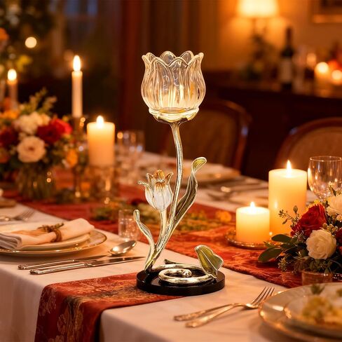 Luxury Crystal Base Glass Flower Candle Holder – Gold Plated Zinc Alloy with Enamel, Romantic Tea Light Holder, French Style Wedding Table Centerpiece, Home Decor in Saudi Arabia