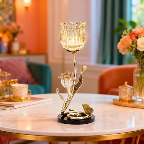 Luxury Crystal Base Glass Flower Candle Holder – Gold Plated Zinc Alloy with Enamel, Romantic Tea Light Holder, French Style Wedding Table Centerpiece, Home Decor in Saudi Arabia
