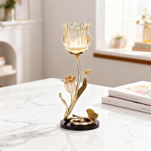 Luxury Crystal Base Glass Flower Candle Holder – Gold Plated Zinc Alloy with Enamel, Romantic Tea Light Holder, French Style Wedding Table Centerpiece, Home Decor in Saudi Arabia