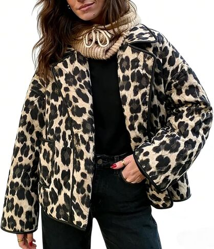 Womens Lightweight Quilted Puffer Jacket Leopard Print Oversized Long Sleeve Packable Short Down Coat in Kuwait