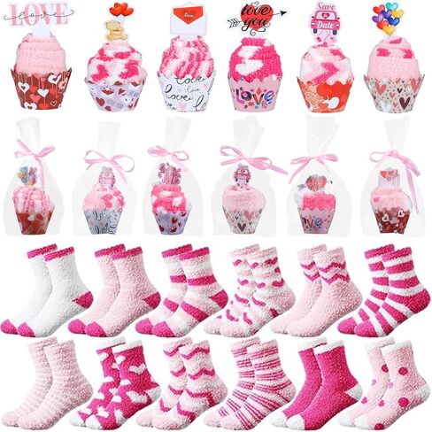 gisgfim 12 Pairs Valentine's Day Cupcake Socks Pink Fuzzy Socks Bulk for Women Gifts DIY Fluffy Socks Stuffers Valentine Heart Cupcake Sock with Gift Box for Women Teacher Colleague Birthday Present in Saudi Arabia