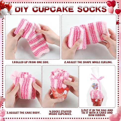 gisgfim 12 Pairs Valentine's Day Cupcake Socks Pink Fuzzy Socks Bulk for Women Gifts DIY Fluffy Socks Stuffers Valentine Heart Cupcake Sock with Gift Box for Women Teacher Colleague Birthday Present in Saudi Arabia