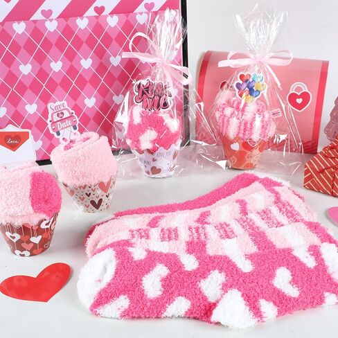 gisgfim 12 Pairs Valentine's Day Cupcake Socks Pink Fuzzy Socks Bulk for Women Gifts DIY Fluffy Socks Stuffers Valentine Heart Cupcake Sock with Gift Box for Women Teacher Colleague Birthday Present in Saudi Arabia