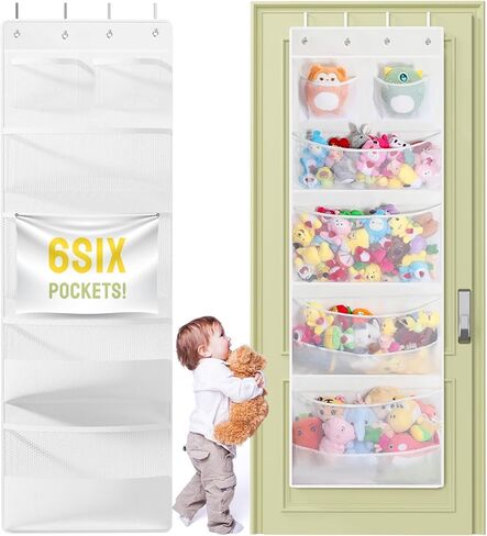 Yecaye Stuffed Animal Storage, 1 Pack Over Door Organizer for Stuffies with 6 Expandable Mesh Net Pockets, Baby Ideas Holder for Kids Room, Hanging Plushy Organizers for Bedroom, White in Saudi Arabia