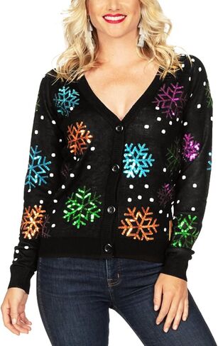 Tipsy Elves Classic Cute Cardigan Ugly Christmas Sweaters for Women with Fun Patterns and Animals - Women's Colorful Black Deck The Disco Balls Christmas Cardigan Size Medium in Kuwait