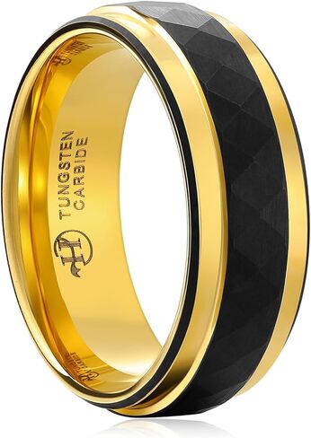 Black Tungsten Rings for Men - Rhombus Hammered Finish with Gold Edge, Comfort Fit, Hypoallergenic Wedding Bands in Saudi Arabia