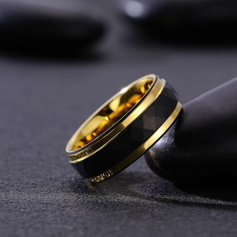 Black Tungsten Rings for Men - Rhombus Hammered Finish with Gold Edge, Comfort Fit, Hypoallergenic Wedding Bands in Saudi Arabia