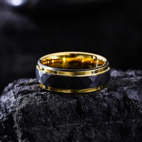 Black Tungsten Rings for Men - Rhombus Hammered Finish with Gold Edge, Comfort Fit, Hypoallergenic Wedding Bands in Saudi Arabia