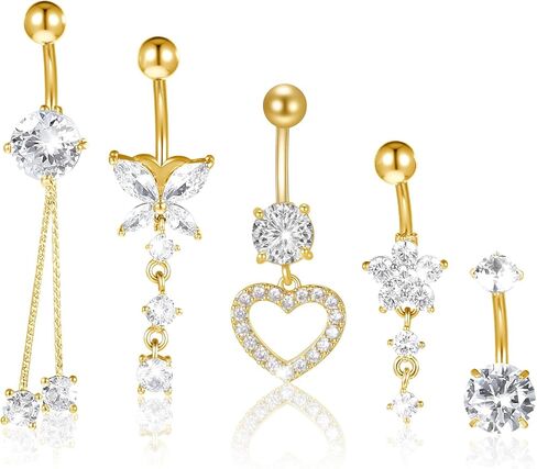 5 Pcs Surgical Stainless Steel Dangle Belly Button Rings for Women Heart Flower Butterfly Belly Button Ring Dangling Piercing Jewelry, Gold in Saudi Arabia