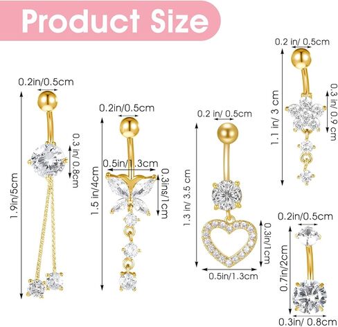 5 Pcs Surgical Stainless Steel Dangle Belly Button Rings for Women Heart Flower Butterfly Belly Button Ring Dangling Piercing Jewelry, Gold in Saudi Arabia