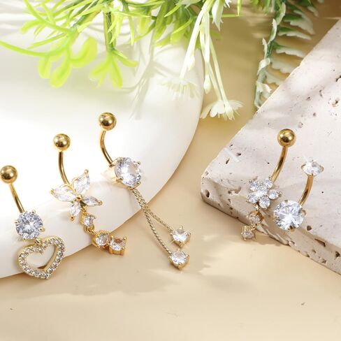 5 Pcs Surgical Stainless Steel Dangle Belly Button Rings for Women Heart Flower Butterfly Belly Button Ring Dangling Piercing Jewelry, Gold in Saudi Arabia