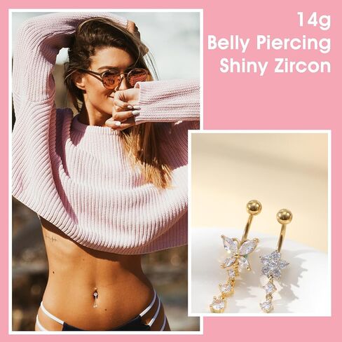 5 Pcs Surgical Stainless Steel Dangle Belly Button Rings for Women Heart Flower Butterfly Belly Button Ring Dangling Piercing Jewelry, Gold in Saudi Arabia