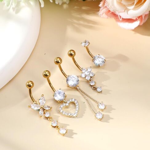 5 Pcs Surgical Stainless Steel Dangle Belly Button Rings for Women Heart Flower Butterfly Belly Button Ring Dangling Piercing Jewelry, Gold in Saudi Arabia