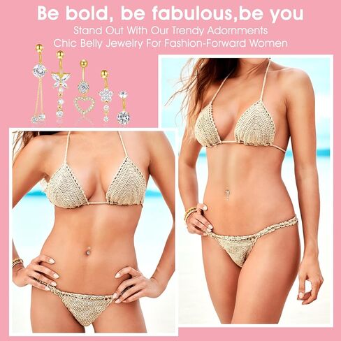 5 Pcs Surgical Stainless Steel Dangle Belly Button Rings for Women Heart Flower Butterfly Belly Button Ring Dangling Piercing Jewelry, Gold in Saudi Arabia