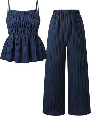 Verdusa Teen Girl's 2 Piece Textured Outfits Ruffle Tiered Camisole Tops with Pants Clothing Set Cute Clothes for Teen Girls in Saudi Arabia