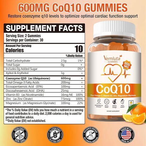 2 Packs 600MG CoQ10 Gummies - 3X Better Absorption Coenzyme Q10 (Ubiquinone) Gummies for Adults, Co Q10 Supplement Plus Omega-3, Magnesium, Vitamin B3 & Zinc,Energy, Brain＆ Heart Support,120 Counts in Saudi Arabia
