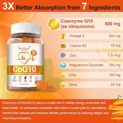 2 Packs 600MG CoQ10 Gummies - 3X Better Absorption Coenzyme Q10 (Ubiquinone) Gummies for Adults, Co Q10 Supplement Plus Omega-3, Magnesium, Vitamin B3 & Zinc,Energy, Brain＆ Heart Support,120 Counts in Saudi Arabia