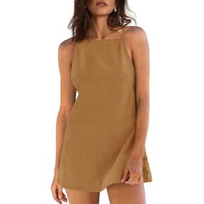 Yanekop Womens Linen Mini Dress Spaghetti Strap Short Beach Summer Dresses Sleeveless Sundress Open Back Dress in Saudi Arabia