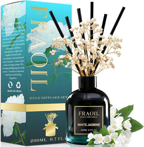 White Jasmine Reed Diffuser, Reed Diffuser Set 6.7 fl oz (200 ml) with 6 Reed Sticks, Home Fragrance Reed Diffuser for Bathroom Shelf House Bedroom Office Decor in Saudi Arabia