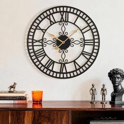Large Wall Clock, 20" Big Clock for Living Room Decorative, Black Large Wall Clocks Battery Operated with Metal Roman Numeral, Completely Silent, Non-Ticking for Bedroom, Kitchen,Fireplace in Saudi Arabia