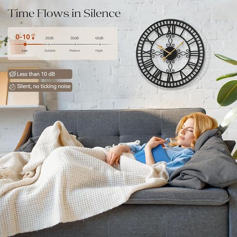 Large Wall Clock, 20" Big Clock for Living Room Decorative, Black Large Wall Clocks Battery Operated with Metal Roman Numeral, Completely Silent, Non-Ticking for Bedroom, Kitchen,Fireplace in Saudi Arabia