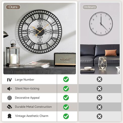 Large Wall Clock, 20" Big Clock for Living Room Decorative, Black Large Wall Clocks Battery Operated with Metal Roman Numeral, Completely Silent, Non-Ticking for Bedroom, Kitchen,Fireplace in Saudi Arabia