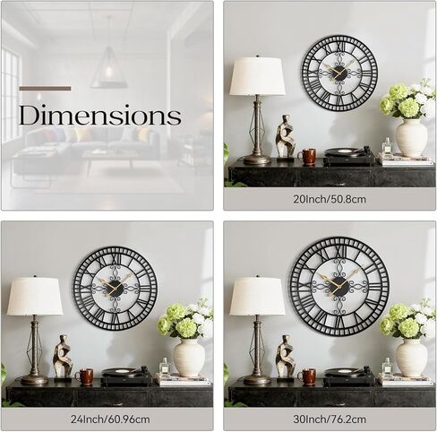 Large Wall Clock, 20" Big Clock for Living Room Decorative, Black Large Wall Clocks Battery Operated with Metal Roman Numeral, Completely Silent, Non-Ticking for Bedroom, Kitchen,Fireplace in Saudi Arabia