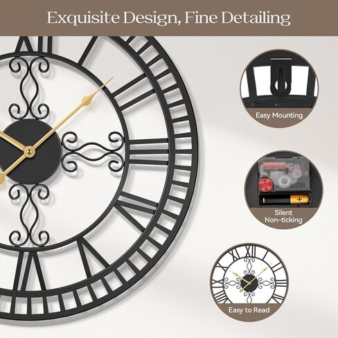 Large Wall Clock, 20" Big Clock for Living Room Decorative, Black Large Wall Clocks Battery Operated with Metal Roman Numeral, Completely Silent, Non-Ticking for Bedroom, Kitchen,Fireplace in Saudi Arabia