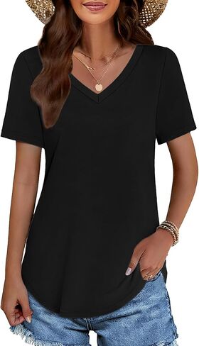 Womens T Shirts V Neck Short Sleeve Cotton Tops Summer Curved Hem Trendy Basic Tee Shirt S-XXL in Saudi Arabia