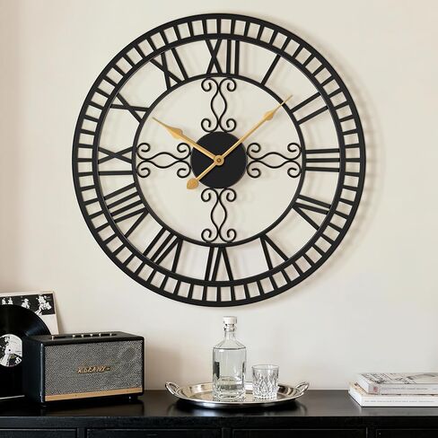 Large Wall Clock, 20" Big Clock for Living Room Decorative, Black Large Wall Clocks Battery Operated with Metal Roman Numeral, Completely Silent, Non-Ticking for Bedroom, Kitchen,Fireplace in Saudi Arabia