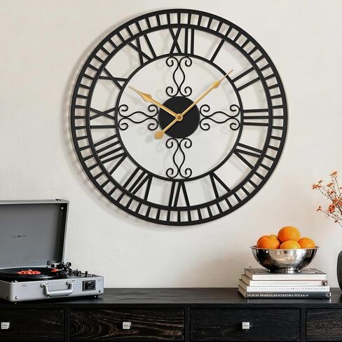 Large Wall Clock, 20" Big Clock for Living Room Decorative, Black Large Wall Clocks Battery Operated with Metal Roman Numeral, Completely Silent, Non-Ticking for Bedroom, Kitchen,Fireplace in Saudi Arabia