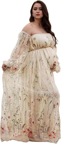 Flower Embroidery Maternity Dresses for Photoshoot Plus Size Off Shoulder Baby Shower Dress Split Side Pregnancy Gown in Saudi Arabia