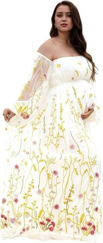 Flower Embroidery Maternity Dresses for Photoshoot Plus Size Off Shoulder Baby Shower Dress Split Side Pregnancy Gown in Saudi Arabia