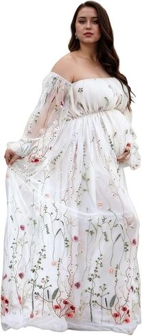 Flower Embroidery Maternity Dresses for Photoshoot Plus Size Off Shoulder Baby Shower Dress Split Side Pregnancy Gown in Saudi Arabia