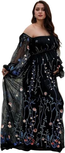 Flower Embroidery Maternity Dresses for Photoshoot Plus Size Off Shoulder Baby Shower Dress Split Side Pregnancy Gown in Saudi Arabia