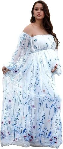 Flower Embroidery Maternity Dresses for Photoshoot Plus Size Off Shoulder Baby Shower Dress Split Side Pregnancy Gown in Saudi Arabia