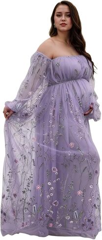 Flower Embroidery Maternity Dresses for Photoshoot Plus Size Off Shoulder Baby Shower Dress Split Side Pregnancy Gown in Saudi Arabia