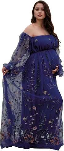 Flower Embroidery Maternity Dresses for Photoshoot Plus Size Off Shoulder Baby Shower Dress Split Side Pregnancy Gown in Saudi Arabia