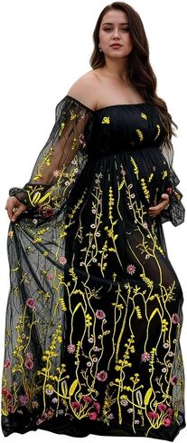 Flower Embroidery Maternity Dresses for Photoshoot Plus Size Off Shoulder Baby Shower Dress Split Side Pregnancy Gown in Saudi Arabia