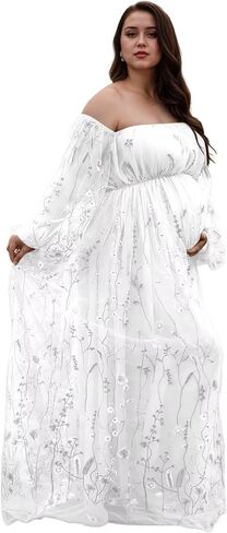 Flower Embroidery Maternity Dresses for Photoshoot Plus Size Off Shoulder Baby Shower Dress Split Side Pregnancy Gown in Saudi Arabia