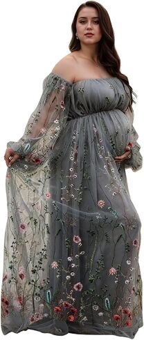 Flower Embroidery Maternity Dresses for Photoshoot Plus Size Off Shoulder Baby Shower Dress Split Side Pregnancy Gown in Saudi Arabia