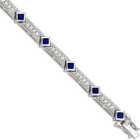 JewelryWeb 925 Sterling Silver Polished Safety bar Box Catch Closure Blue and Clear Cubic Zirconia Bracelet 7.25 Inch-Box Clasp 7mm Wide Link-Bracelet for Women in Saudi Arabia