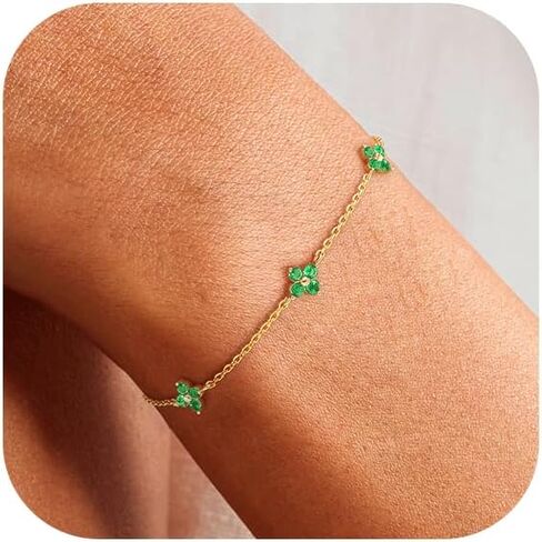 Birthstone Gold Bracelets for Women Non Tarnish 14K Gold Plated Clover Dainty Bracelet Stack Stackable Cute Red Green Friendship Chain Bracelets Christmas for Mom Birthday Jewelry Gifts in Saudi Arabia