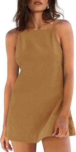 Yanekop Womens Linen Mini Dress Spaghetti Strap Short Beach Summer Dresses Sleeveless Sundress Open Back Dress in Saudi Arabia