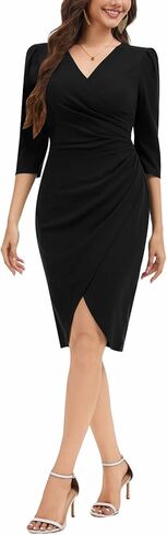 Women's V Neck Ruched Bodycon Cocktail Club Party Night Out Dress with 3/4 Sleeves in Kuwait