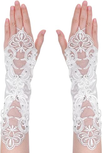 White Lace Gloves Bride Wedding Fingerless Gloves White Rhinestone Bridal Glove for Wedding Party Prom Costume Accessories in Saudi Arabia